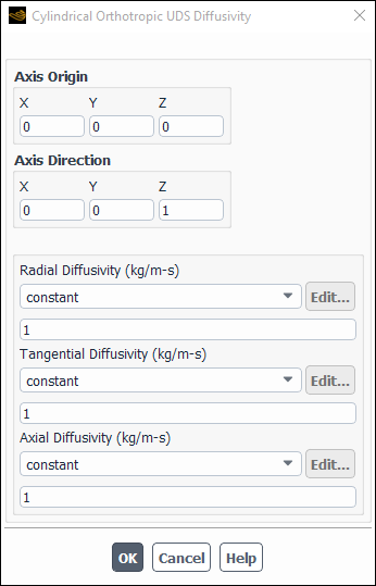 The Cylindrical Orthotropic UDS Diffusivity Dialog Box