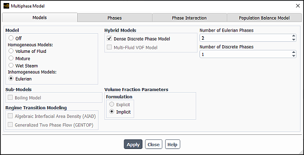 The Dense Discrete Phase Model - Models Tab