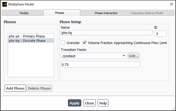 The Multiphase Model Dialog Box for DDPM