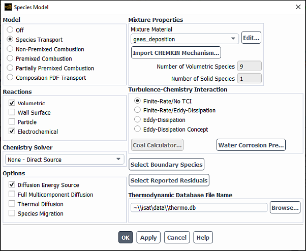 The Species Model Dialog Box with Electrochemical Reactions Enabled