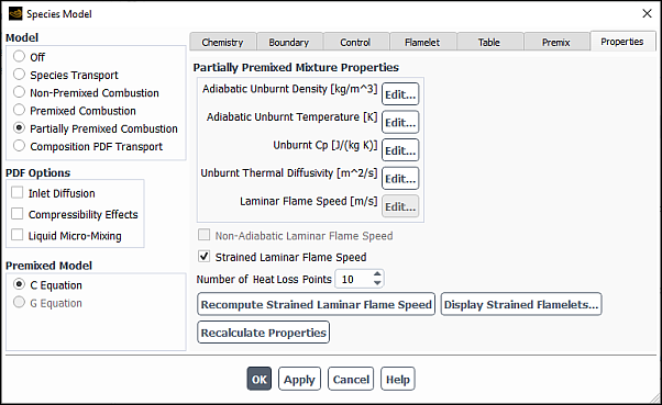 The Species Model Dialog Box: Strained Laminar Flame Speed