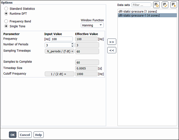 Zone-Specific Sampling Options Dialog Box for Runtime DFT - Single Tone