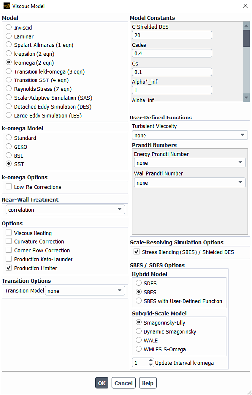 The Viscous Model Dialog Box with the SBES Options for -based RANS models