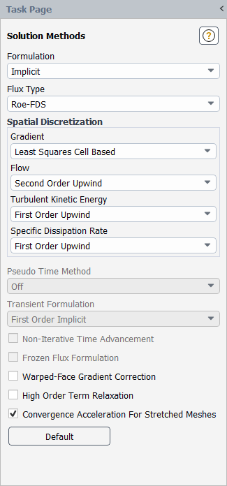 The Solution Methods Task Page for the Density-Based Implicit Formulation