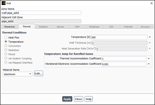 The Wall Dialog Box for Temperature Jump Thermal Condition