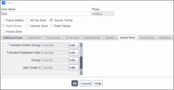 The Fluid Dialog Box with Inputs for Source Terms for a User-Defined Scalar