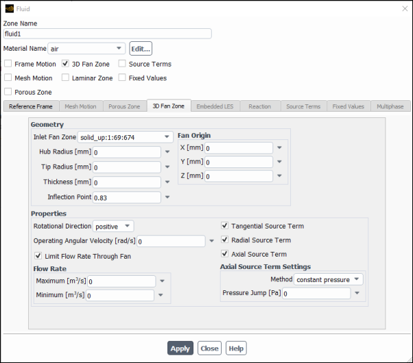 The Fluid Dialog Box for a 3D Fan Zone