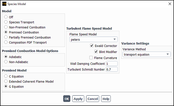 The Species Model Dialog Box for the G-Equation Model