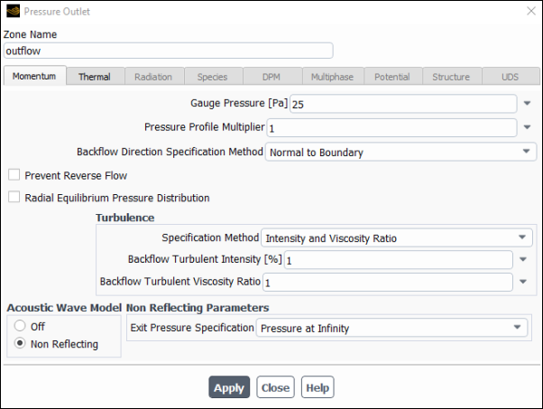 The Pressure Outlet Dialog Box With the Non-Reflecting Boundary Enabled