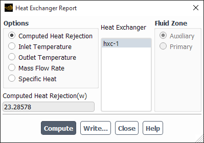 The Heat Exchanger Report Dialog Box for Reporting Computed Heat Rejection