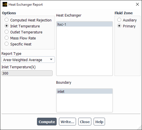 The Heat Exchanger Report Dialog Box for Reporting the Inlet Temperature