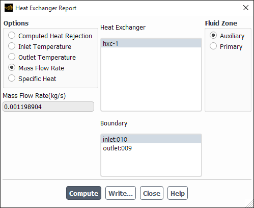 The Heat Exchanger Report Dialog Box for Reporting Mass Flow Rate