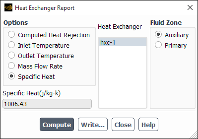 The Heat Exchanger Report Dialog Box for Reporting Specific Heat