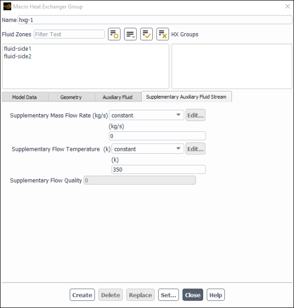 The Macro Heat Exchanger Group Dialog Box - Supplementary Auxiliary Fluid Stream Tab