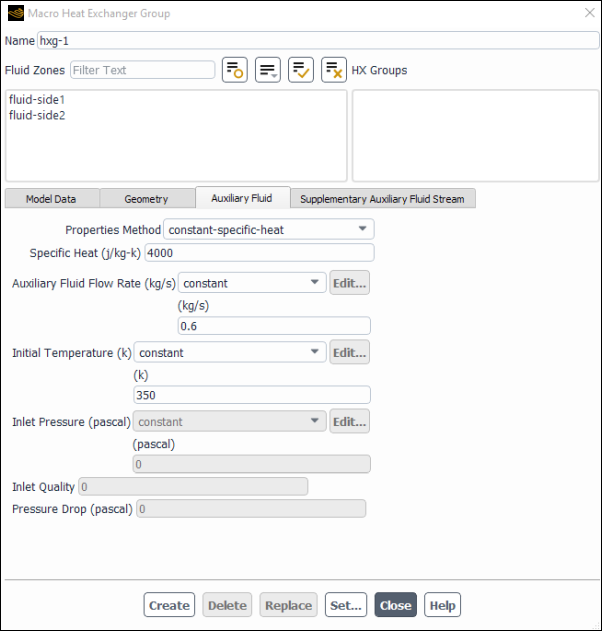 The Macro Heat Exchanger Group Dialog Box - Auxiliary Fluid Tab