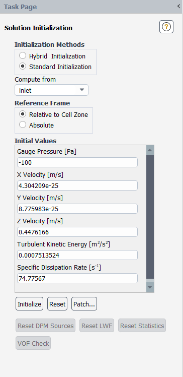 The Solution Initialization Task Page for Moving Reference Frames