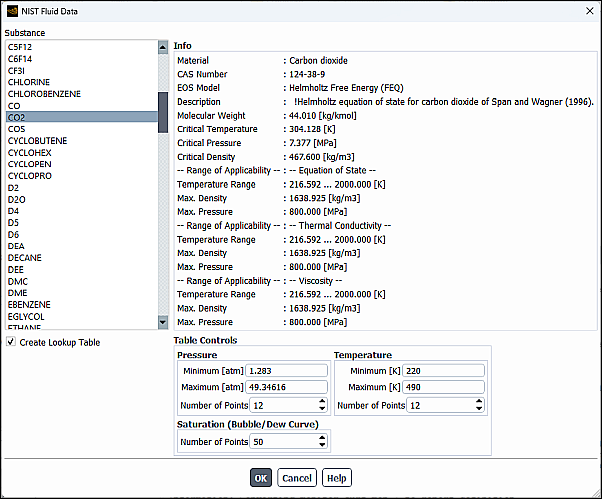 The NIST Fluid Data Dialog Box With Lookup Table Enabled