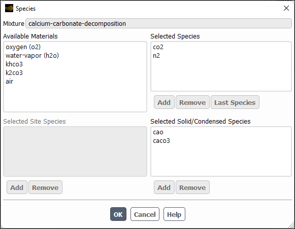 The Species Dialog Box for the Mixture Material