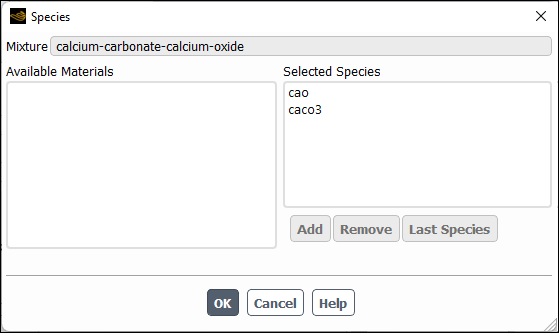 The Species Dialog Box for the Particle-Mixture Material with Reacting Components