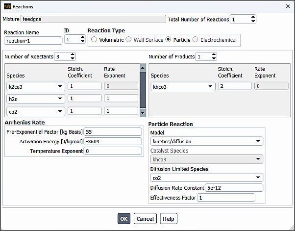 The Reaction Dialog Box of a Mixture Material with Particle Reactions Enabled