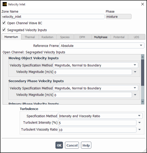 Segregated Velocity Inputs for Open Channel Wave BC