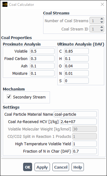 The Coal Calculator Dialog Box