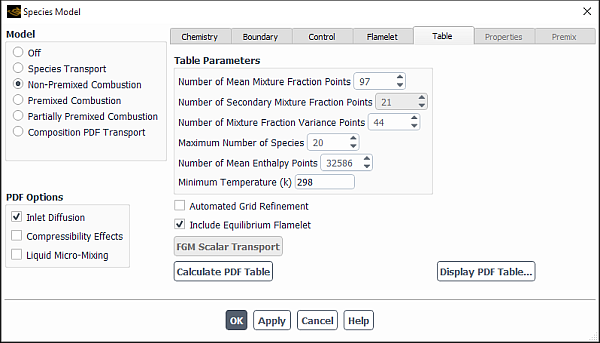 The Species Model Dialog Box (Table) Tab Excluding Automated Grid Refinement