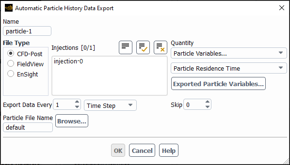 The Automatic Particle History Data Export Dialog Box