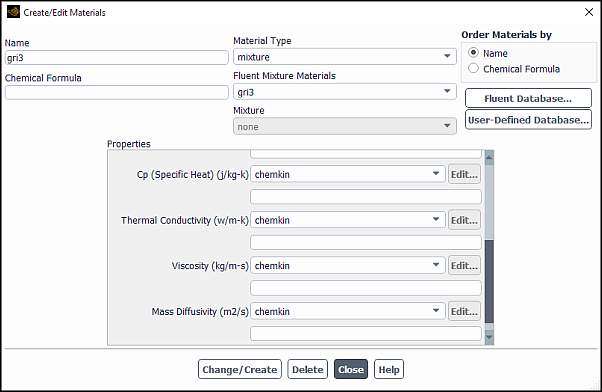 The Material Dialog Box When Importing CHEMKIN Transport Properties