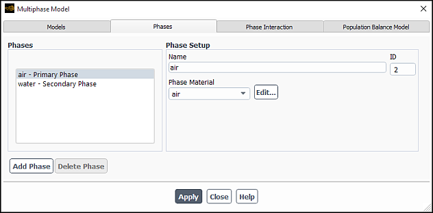 The Multiphase Model dialog box - Phases tab