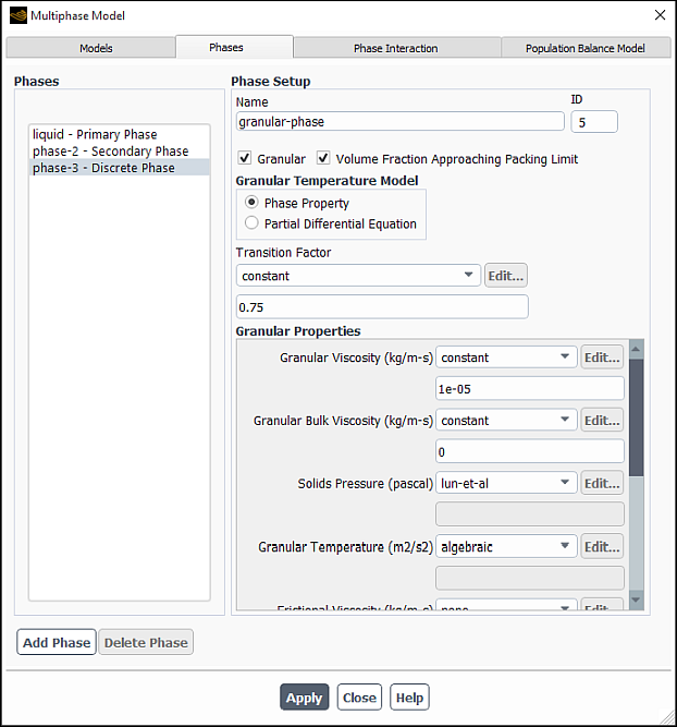 The Multiphase Model Dialog Box for a Granular Phase