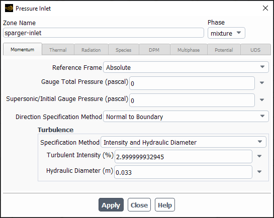 The Pressure Inlet Dialog Box for a Mixture