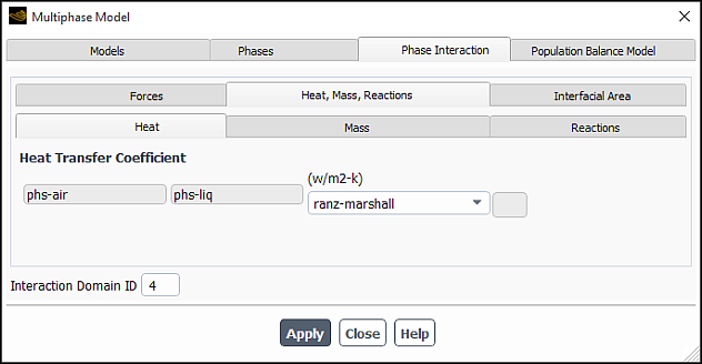 The Multiphase Model Dialog Box for Heat Transfer