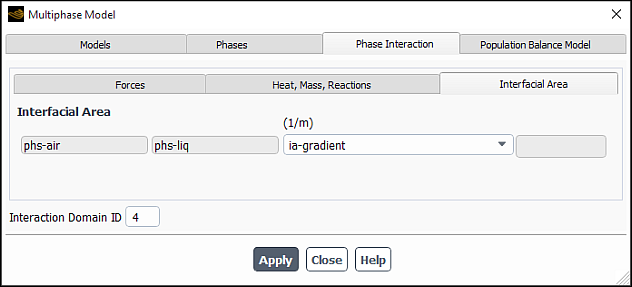 The Multiphase Model Dialog Box for Interfacial Area