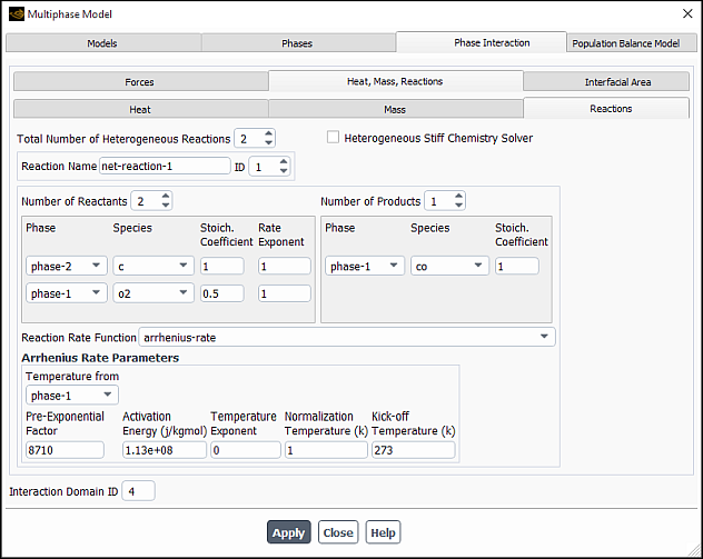 The Reactions Tab for Heterogeneous Reactions