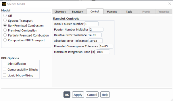 The Species Model Dialog Box (Control Tab) for the Steady Diffusion Flamelet Model