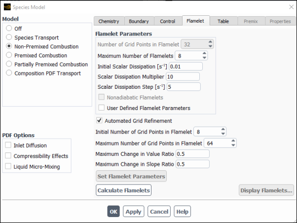 The Species Model Dialog Box (Flamelet Tab)