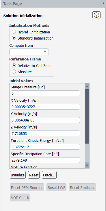 The Solution Initialization Task Page for Eulerian Composition PDF Transport