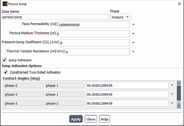 The Porous Jump Dialog Box Displaying Jump Adhesion