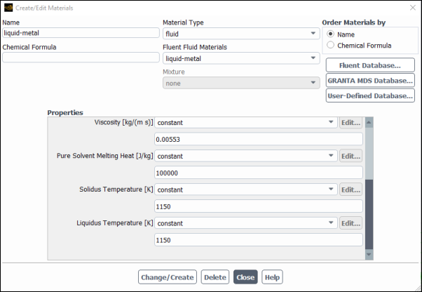 The Create/Edit Materials Dialog Box for Melting and Solidification