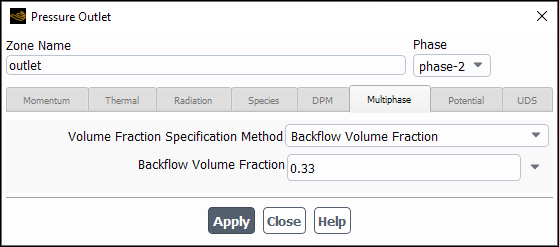 The Pressure Outlet Dialog Box for a Phase