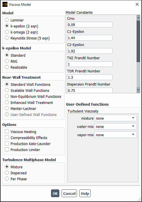 The Viscous Model Dialog Box for an Eulerian Multiphase Calculation