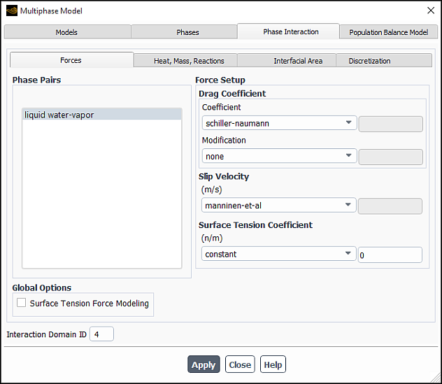 The Multiphase Model Dialog Box for the Mixture Model (Forces Tab)