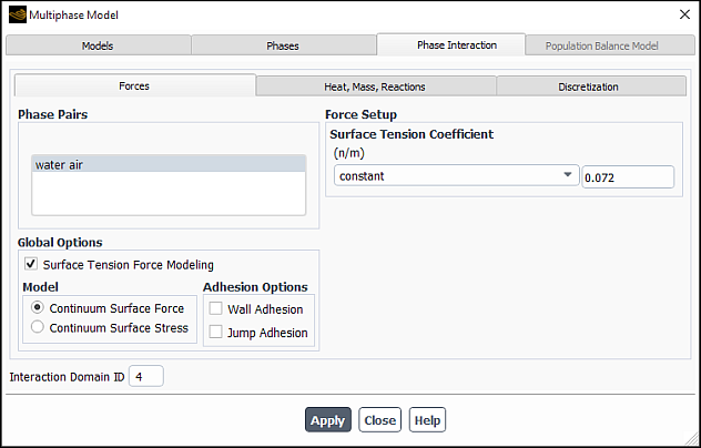 The Multiphase Model Dialog Box (Forces Tab)