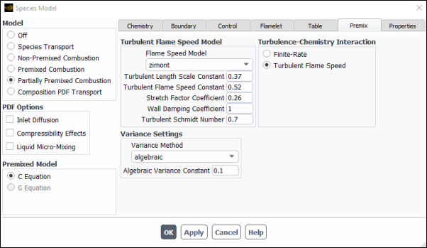 The Species Model Dialog Box(Premix Tab)