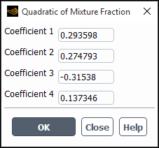 The Quadratic of Mixture Fraction Dialog Box