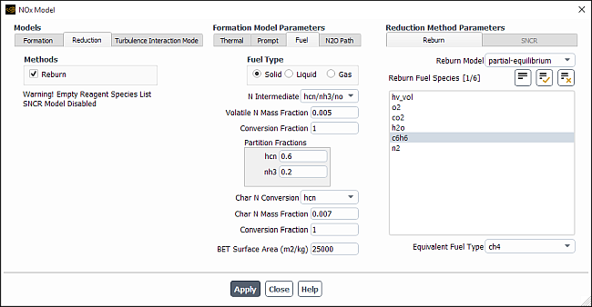 The NOx Dialog Box Displaying the Reburn Reduction Method