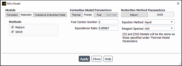 The NOx Dialog Box Displaying the SNCR Reduction Method