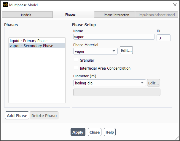 The Multiphase Model Dialog Box for a Non-Granular Phase (Phases Tab)