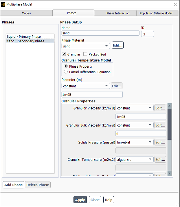 The Multiphase Model Dialog Box for a Granular Phase (Phases Tab)